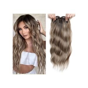 20 Inch Wavy Synthetic Hair Topper Blonde Highlight Brown Dark Root Clip-In 7x7